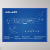Airbus a380 - Vliegtuigblauwdruk Tekenplannen AD Poster (Voorkant)