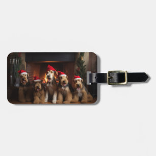 Airedale bij de Haard Kerst Bagagelabel