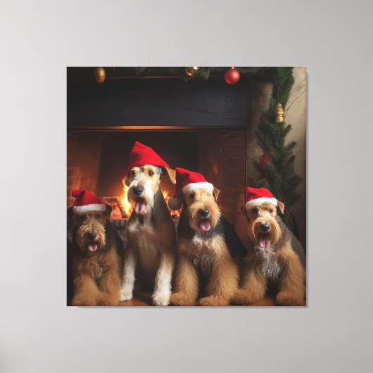 Airedale bij de open haard Kerstmis Canvas Afdruk (Voorkant)