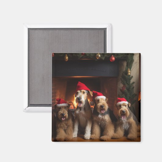 Airedale bij de open haard Kerstmis Magneet (Voorkant / Achterkant)