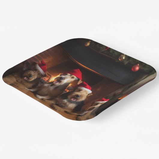 Airedale bij de open haard Kerstmis Papieren Bordje (Gebogen)
