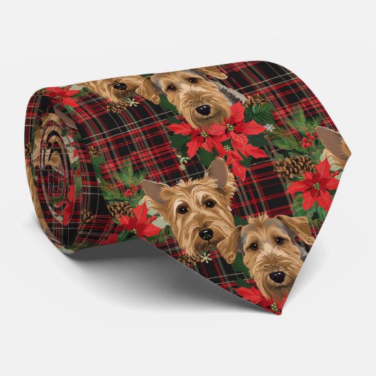 Airedale Christmas Plaid Pattern Rood Groen Stropdas (Opgerold)