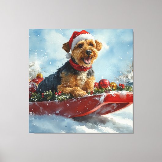 Airedale Hond in Sledge Laat het Sneeuw Kerstmis Canvas Afdruk (Voorkant)
