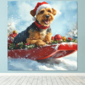 Airedale Hond in Sledge Laat het Sneeuw Kerstmis Canvas Afdruk (Insitu (Houten vloer))