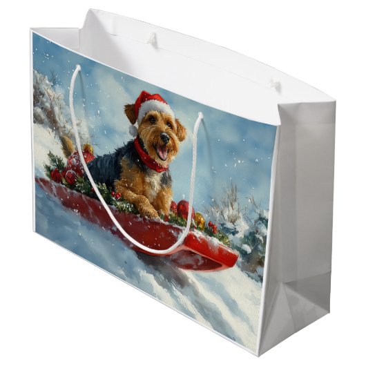 Airedale Hond in Sledge Laat het Sneeuw Kerstmis Groot Cadeauzakje (Achterkant Gekanteld)