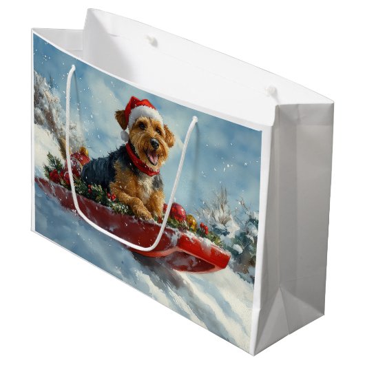 Airedale Hond in Sledge Laat het Sneeuw Kerstmis Groot Cadeauzakje (Voorkant Gekanteld)