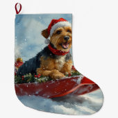 Airedale Hond in Sledge Laat het Sneeuw Kerstmis Grote Kerstsok (Voorkant)