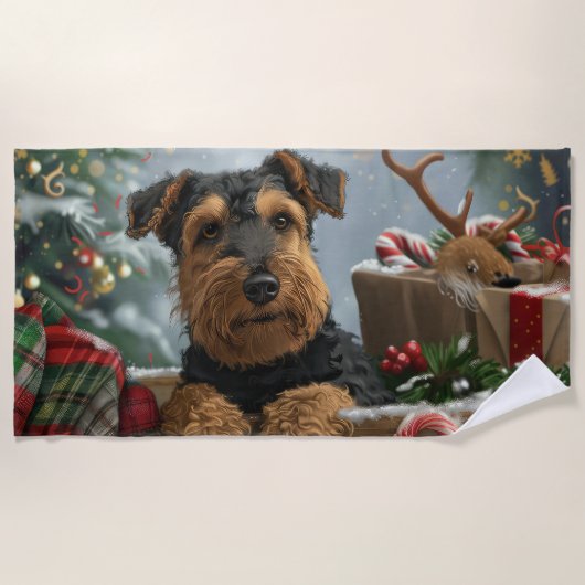 Airedale Hond Kerst Feestelijk Strandlaken (Voorkant)