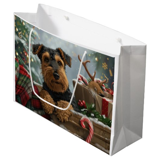 Airedale Hond Kerstfeest Groot Cadeauzakje (Voorkant Gekanteld)
