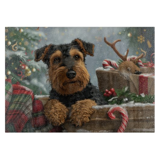 Airedale-hond Kerstfeestviering Snijplank (Voorkant)