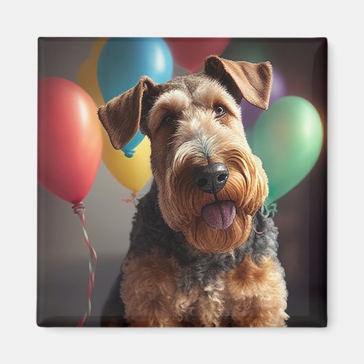 Airedale hond met taart en ballonnen magneet (Voorkant)