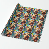 Airedale hond met verjaardagscadeau en pet cadeaupapier (Uitgerold)