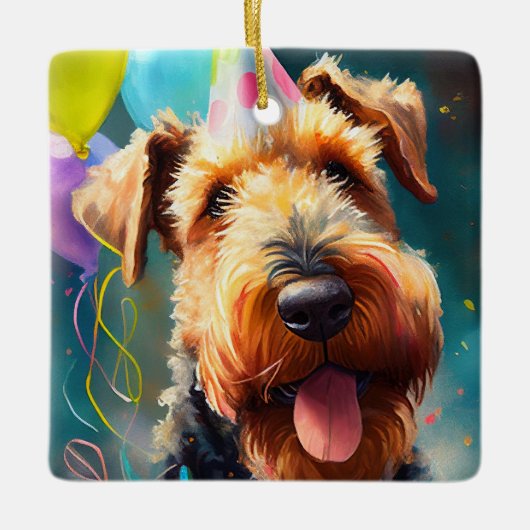 Airedale hond met verjaardagscadeau en pet keramisch ornament (Voorkant)