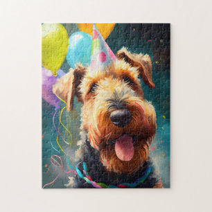 Airedale hond met verjaardagscadeau en pet legpuzzel