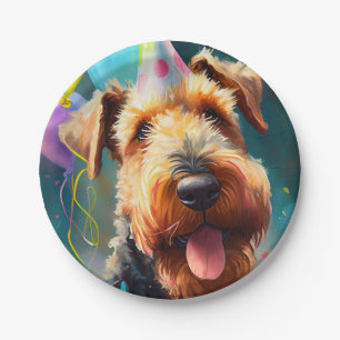 Airedale hond met verjaardagscadeau en pet papieren bordje