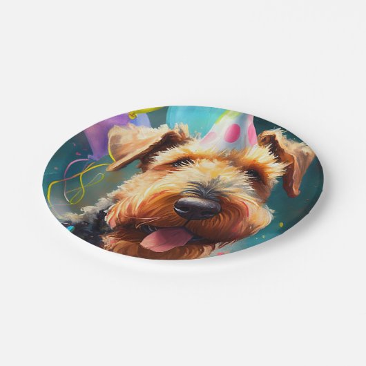 Airedale hond met verjaardagscadeau en pet papieren bordje (Gekanteld)