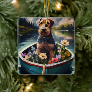 Airedale-hond op een peddel: Een landschapsavontuu Keramisch Ornament