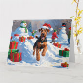 Airedale Kerstfeest Sneeuwscène Kaart (Gele Bloem)