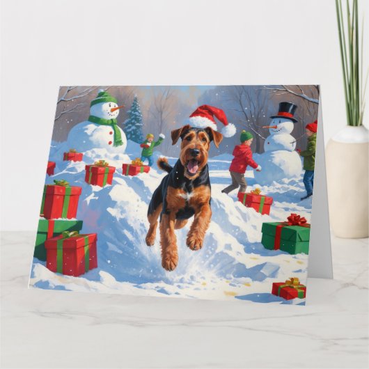 Airedale Kerstfeest Sneeuwscène Kaart (Voorkant)