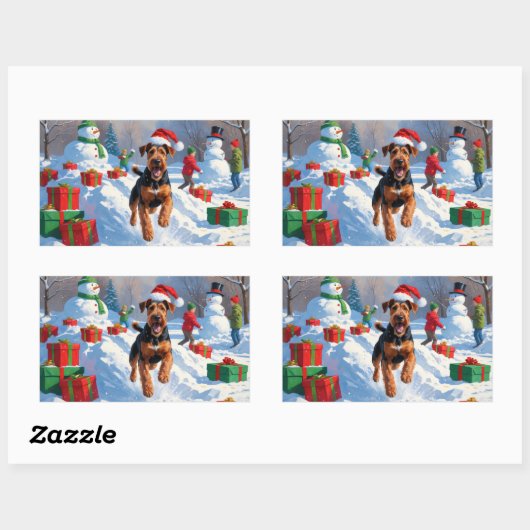 Airedale Kerstfeest Sneeuwscène Rechthoekige Sticker (Vel)