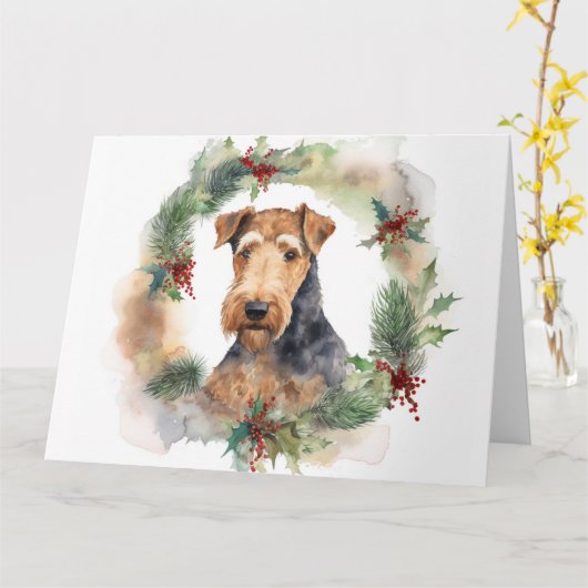 Airedale Kerstkrans Feestelijke Pup Kaart (Gele Bloem)