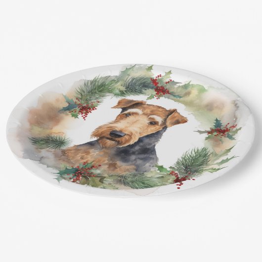 Airedale Kerstkrans Feestelijke Pup Papieren Bordje (Gekanteld)
