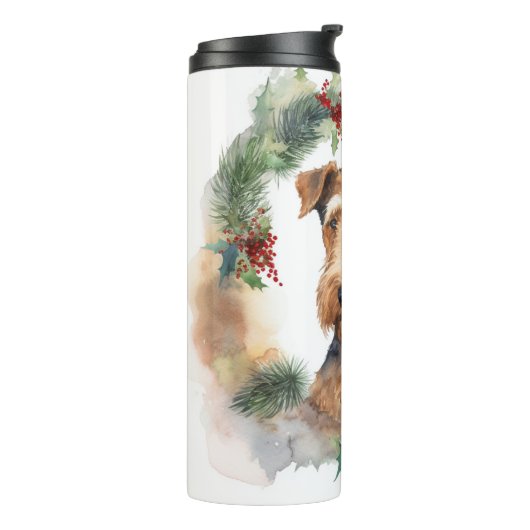 Airedale Kerstkrans Feestelijke Pup Thermosbeker (Gedraaid links)