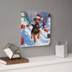 Airedale Kerstmis Festieve Sneeuwscène Vierkante Klok