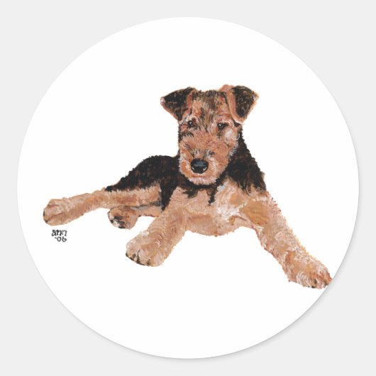 Airedale, Lakeland, Welsh Terrier Pup Ronde Sticker (Voorkant)