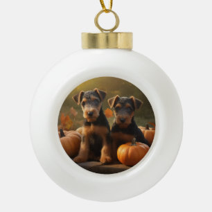 Airedale Puppy Herfst Delight Pompoen Keramische Bal Ornament