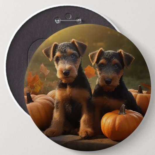 Airedale Puppy Herfst Delight Pompoen Ronde Button 6,0 Cm (Voorkant /achterkant)