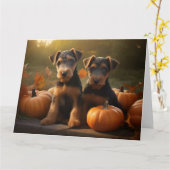 Airedale Puppy Herfstplezier Pompoen Kaart (Gele Bloem)
