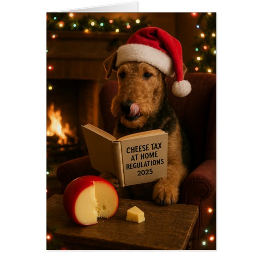 Airedale Terrier 'Cheese Tax' Christmas card (Devant)
