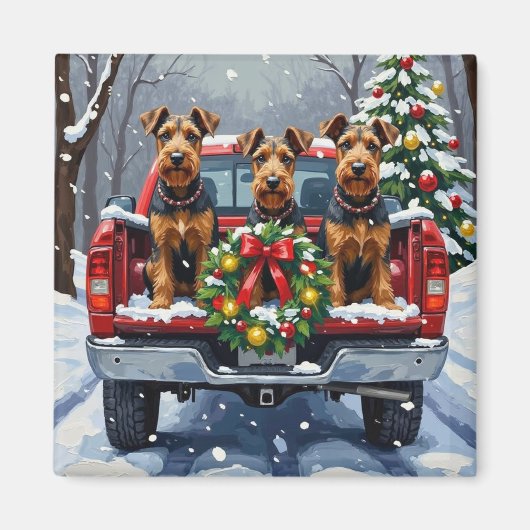 Airedale Terrier Christmas Red Truck Holiday Magneet (Voorkant)