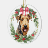 Airedale Terrier Dog Red Bow Holly Krans Keramisch Ornament (Links)