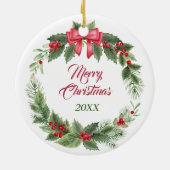 Airedale Terrier Dog Red Bow Holly Krans Keramisch Ornament (Achterkant)