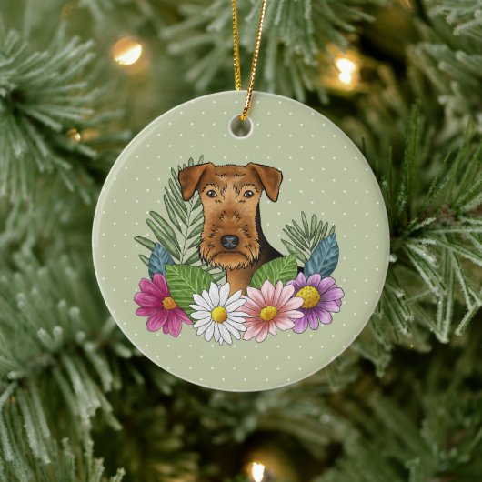 Airedale Terriër Hond en Kleurrijke Bloemen Groen Keramisch Ornament (Boom)