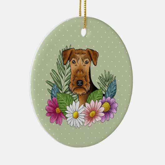 Airedale Terriër Hond en Kleurrijke Bloemen Groen Keramisch Ornament (Rechts)