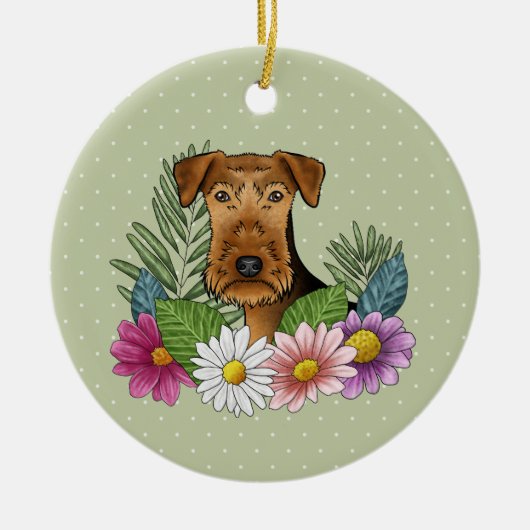 Airedale Terriër Hond en Kleurrijke Bloemen Groen Keramisch Ornament (Voorkant)