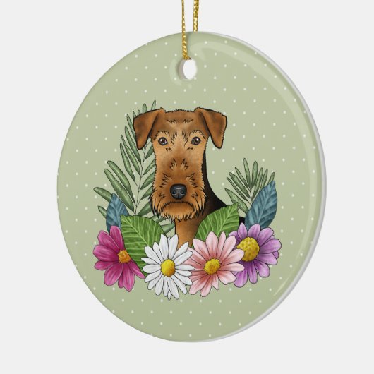 Airedale Terriër Hond en Kleurrijke Bloemen Groen Keramisch Ornament (Links)