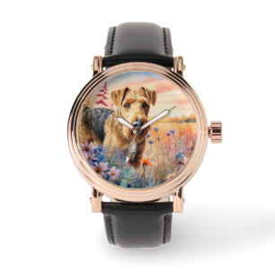 Airedale Terrier-hond in een bloemenweide Horloge