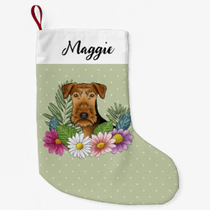 Airedale Terrier-hond met kleurrijke bloemen groen Kleine Kerstsok