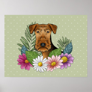 Airedale Terrier-hond met kleurrijke bloemen groen Poster
