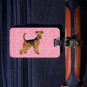 Airedale Terrier-hond met roze harten en tekst Bagagelabel