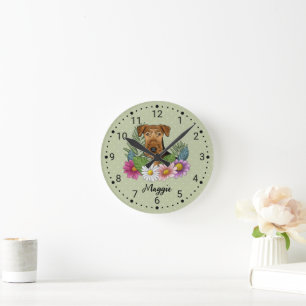 Airedale Terrier hondenhoofd met bloemen en naam Ronde Klok
