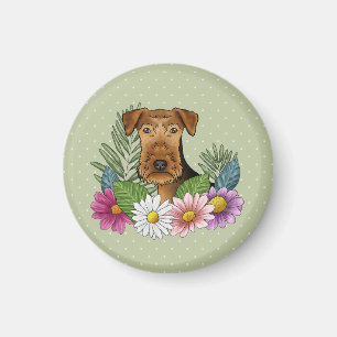 Airedale Terrier Hondenkop Kleurrijke Bloemen Groe Magneet