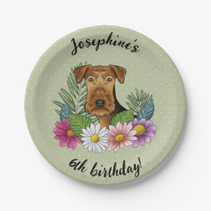 Airedale Terrier Kleurrijke Bloemen Gelukkig Verja Papieren Bordje