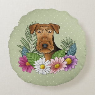 Airedale Terrier Kop Met Kleurrijke Zomerbloemen Rond Kussen