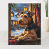 Airedale Terrier met kerstverlichting Vakantie Kaart (Voorkant)
