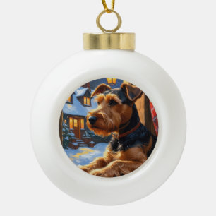 Airedale Terrier met kerstverlichting Vakantie Keramische Bal Ornament